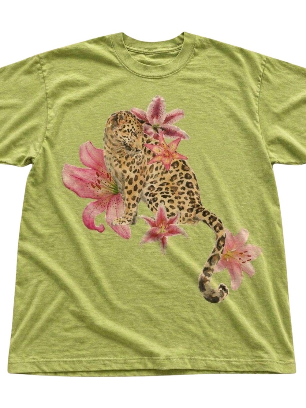 Gildan Green Tee with Leopard and Pink Lilies Graphic